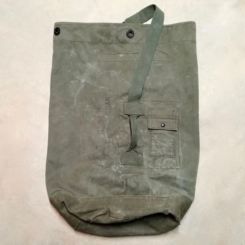 Vintage US Army Top Load Duffel Bag Large Olive Green Duck Canvas Military OD